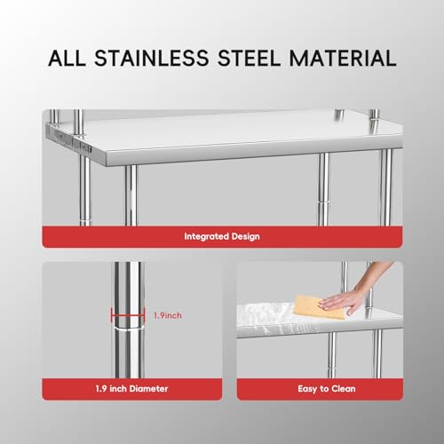 Stainless Steel Table with Overshelves, 36" X 24" Commercial Work Table with 36" X 12" Shelf, Metal Kitchen Prep Table & Shelving Combo