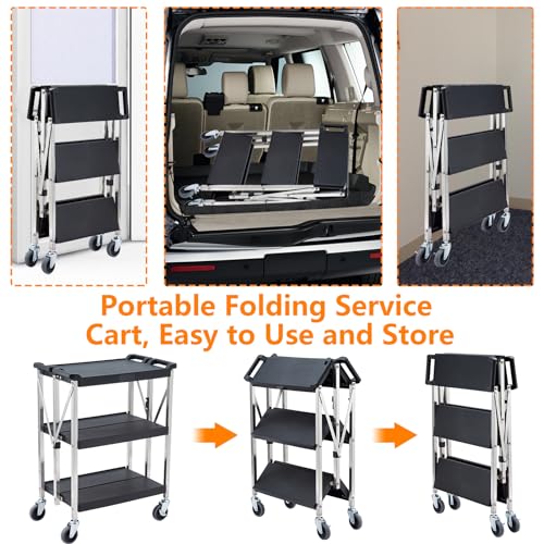 Foldable Utility Service Cart w/ 360° Swivel Wheels Lockable, 100Lbs Load Capacity Per Shelf, 3-Tier Tool Carts for Restaurant Garage Office Outdoor Storage and Transport, Stainless Steel Frame