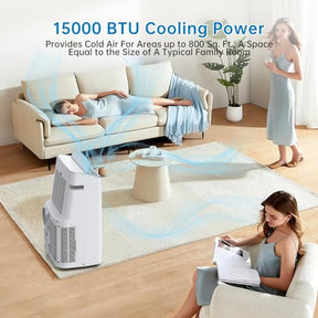 15,000 BTU Portable Air Conditioner, Cools up to 800 Sq.ft, Portable AC Built-in Cool with Dehumidifier and Fan Modes, Remote Control and Installation Kits, 50dB, White