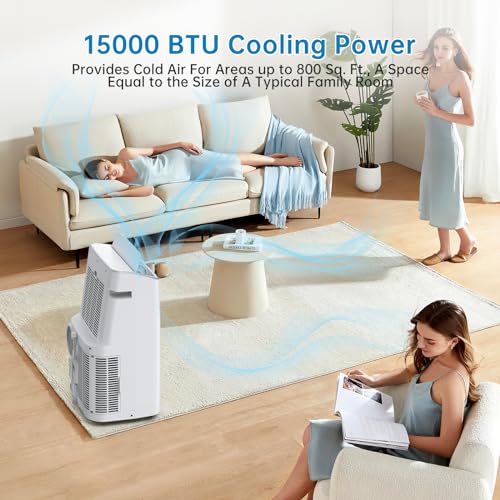 15,000 BTU Portable Air Conditioner, Cools up to 800 Sq.ft, Portable AC Built-in Cool with Dehumidifier and Fan Modes, Remote Control and Installation Kits, 50dB, White