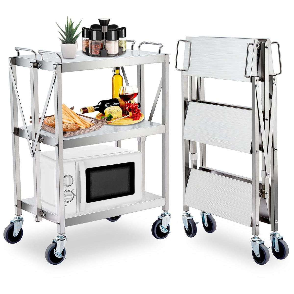 Foldable Utility Service Cart w/ 360° Swivel Wheels Lockable, 100Lbs Load Capacity Per Shelf, 3-Tier Tool Carts for Restaurant Garage Office Outdoor Storage and Transport, Stainless Steel Frame