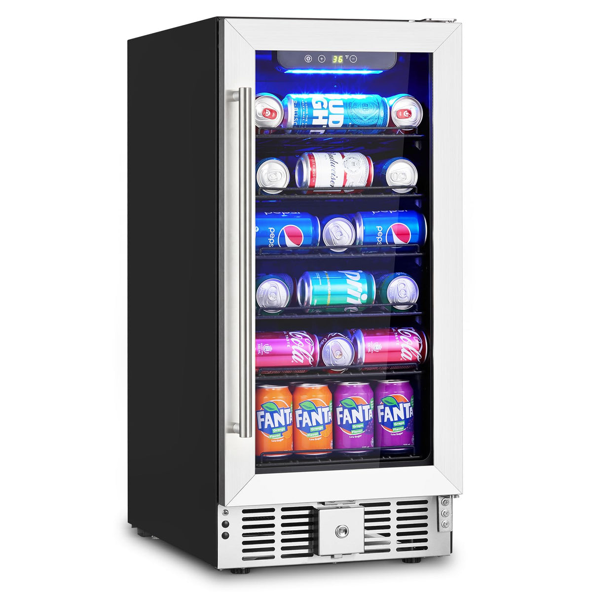 15 Inch Beverage Refrigerator Cooler, 110 Cans Beverage Fridge Built-in LED Light and Freestanding with Glass Door Beer Wine Drink Soda Fridge for Bar, Kitchen, Office (15 Inch)