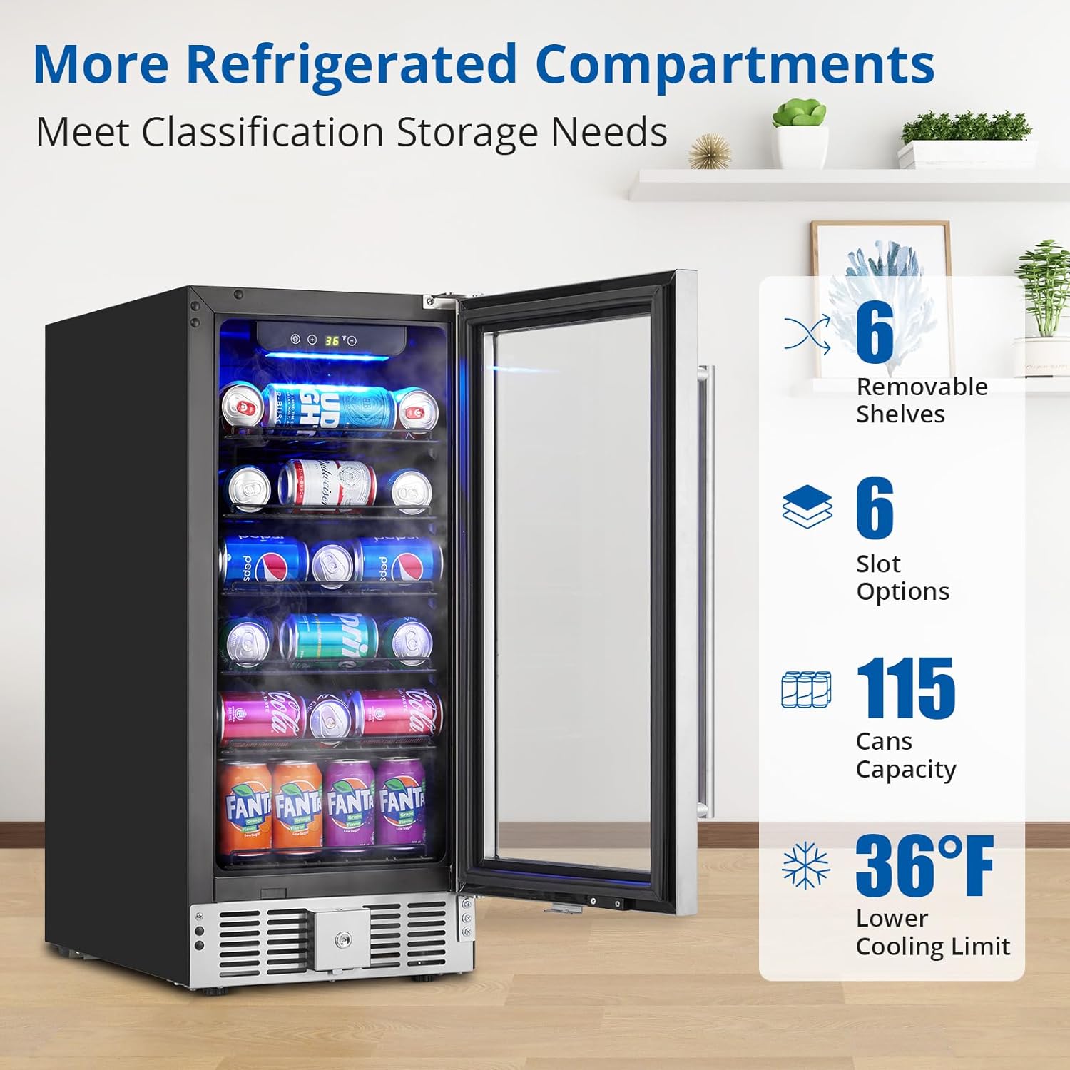 15 Inch Beverage Refrigerator Cooler, 110 Cans Beverage Fridge Built-in LED Light and Freestanding with Glass Door Beer Wine Drink Soda Fridge for Bar, Kitchen, Office (15 Inch)