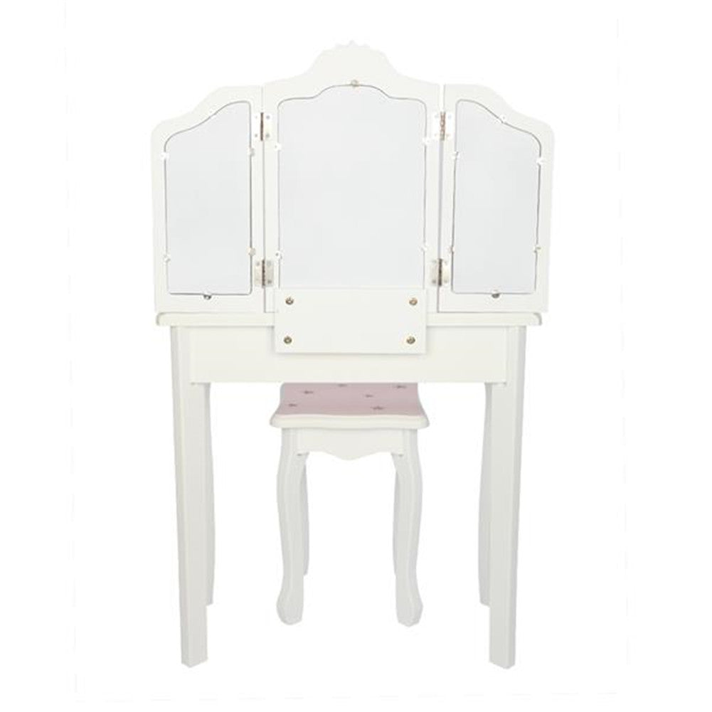 AMYOVE Children Dressing Table Set with Three-sided Folding Mirror Single Drawer Chair Pink