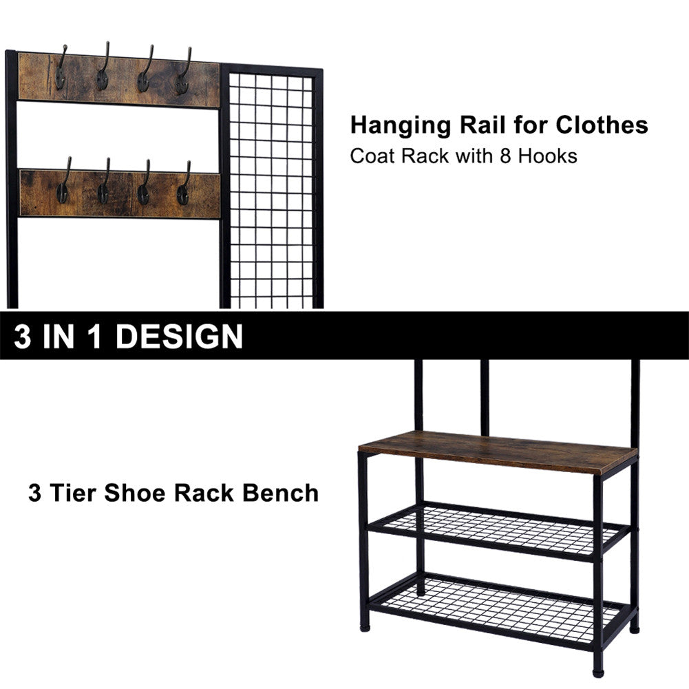 ALICIAN 2-in-1 Coat Rack with 2 Layer Mesh Clothes Organizer with Hooks Brown