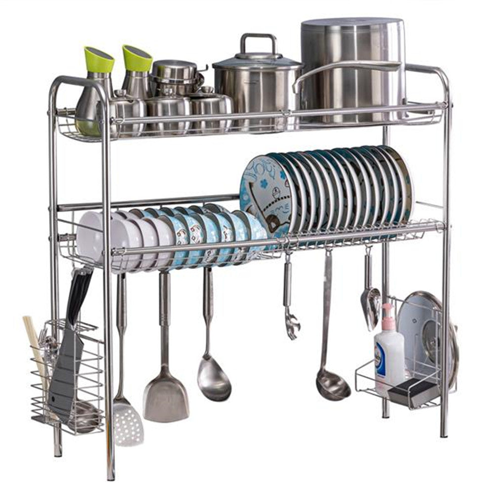 RONSHIN Double Layer Bowl Rack Shelf Dish Drainer 90cm Inner Length Kitchen Organizer Silver