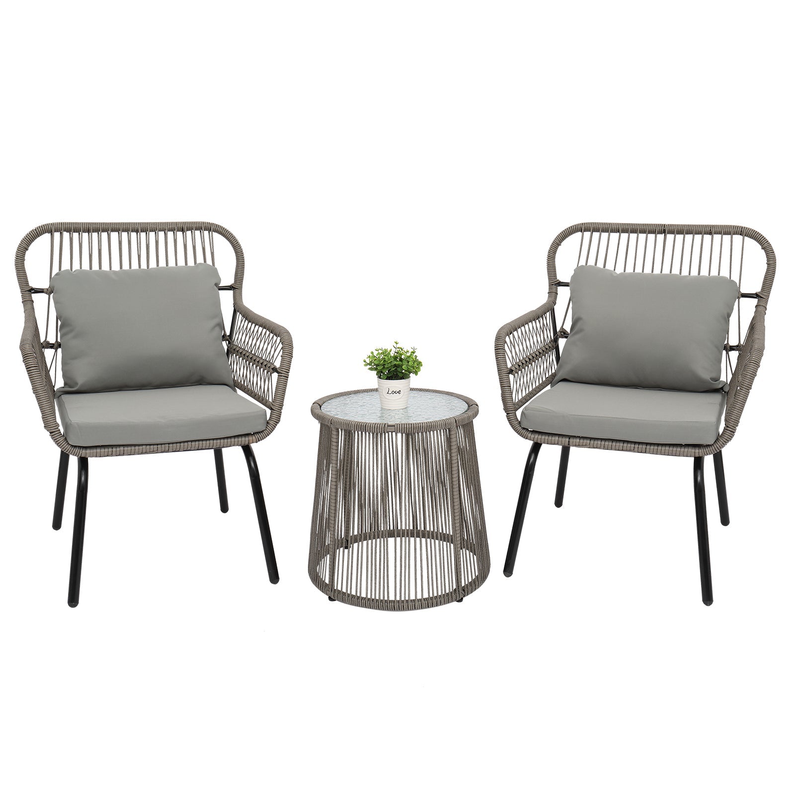 ALICIAN 3 Pcs/set Patio Table Chair Set Outdoor Single Chair + Coffee Table Grey