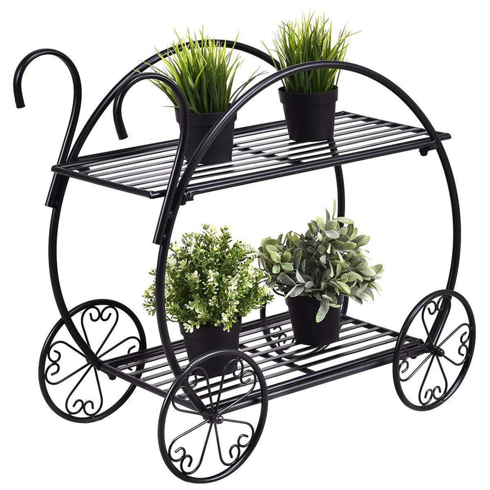 ALICIAN 2-Tier Flower Pot Stand Garden Cart Design Plant Holder Black