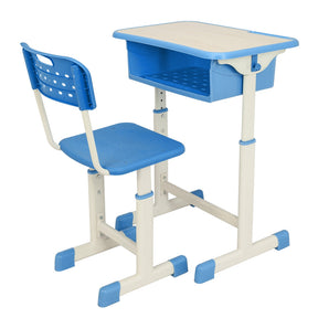 AMYOVE Student Table Chair Set Adjustable White Paint Wood Grain Surface Plastic Blue