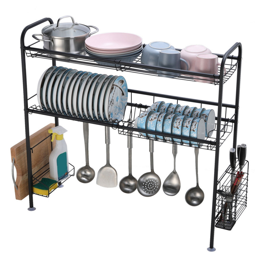 RONSHIN Single Layer Bowl Rack Shelf Dish Drainer 90cm Inner Length Kitchen Organizer Black