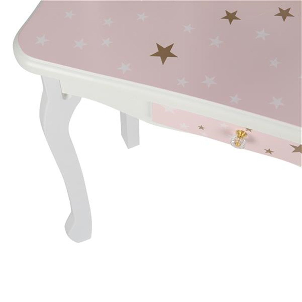 AMYOVE Children Dressing Table Set with Three-sided Folding Mirror Single Drawer Chair Pink
