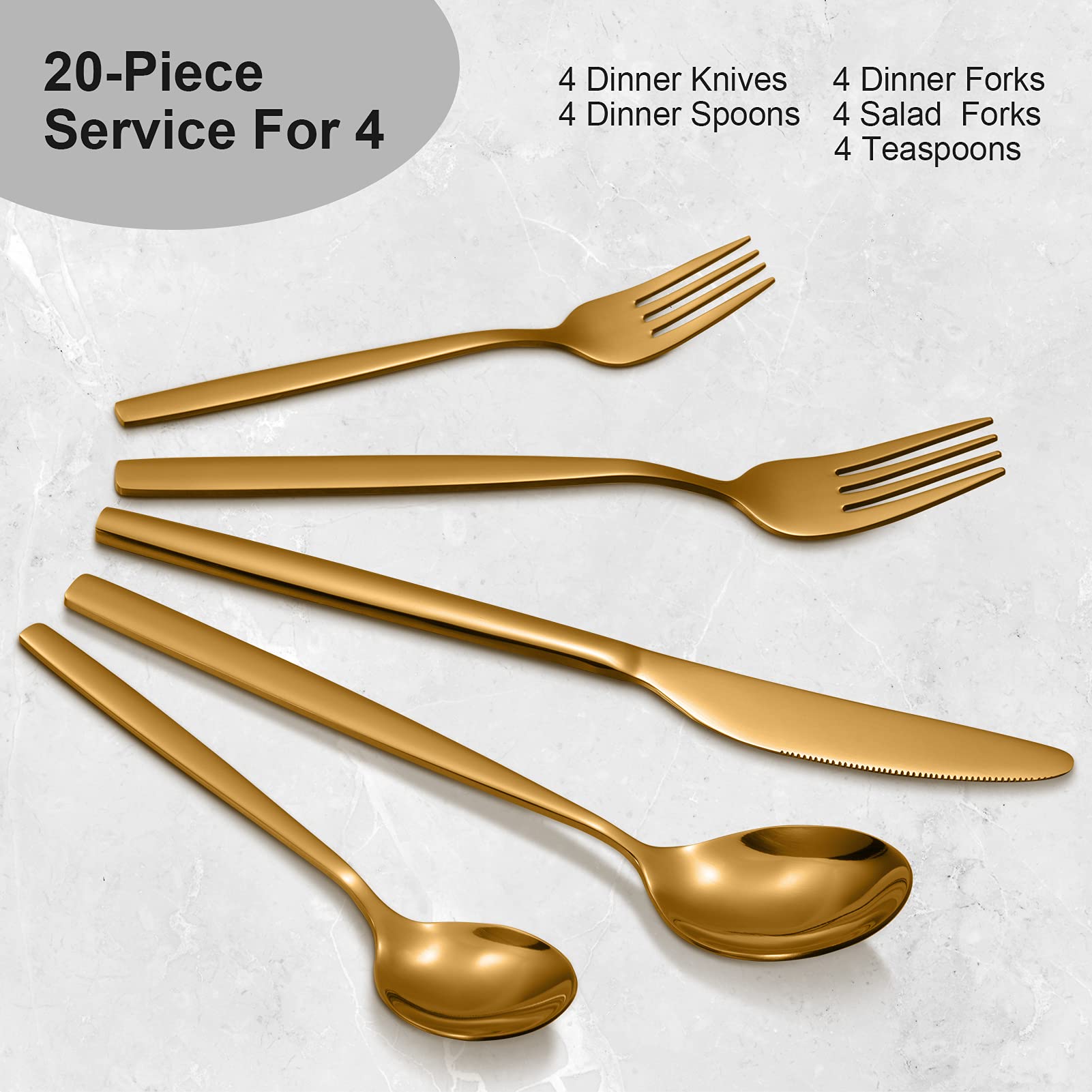 CIBEAT 20 Piece Stainless Steel Kitchen Flatware Set - Gold