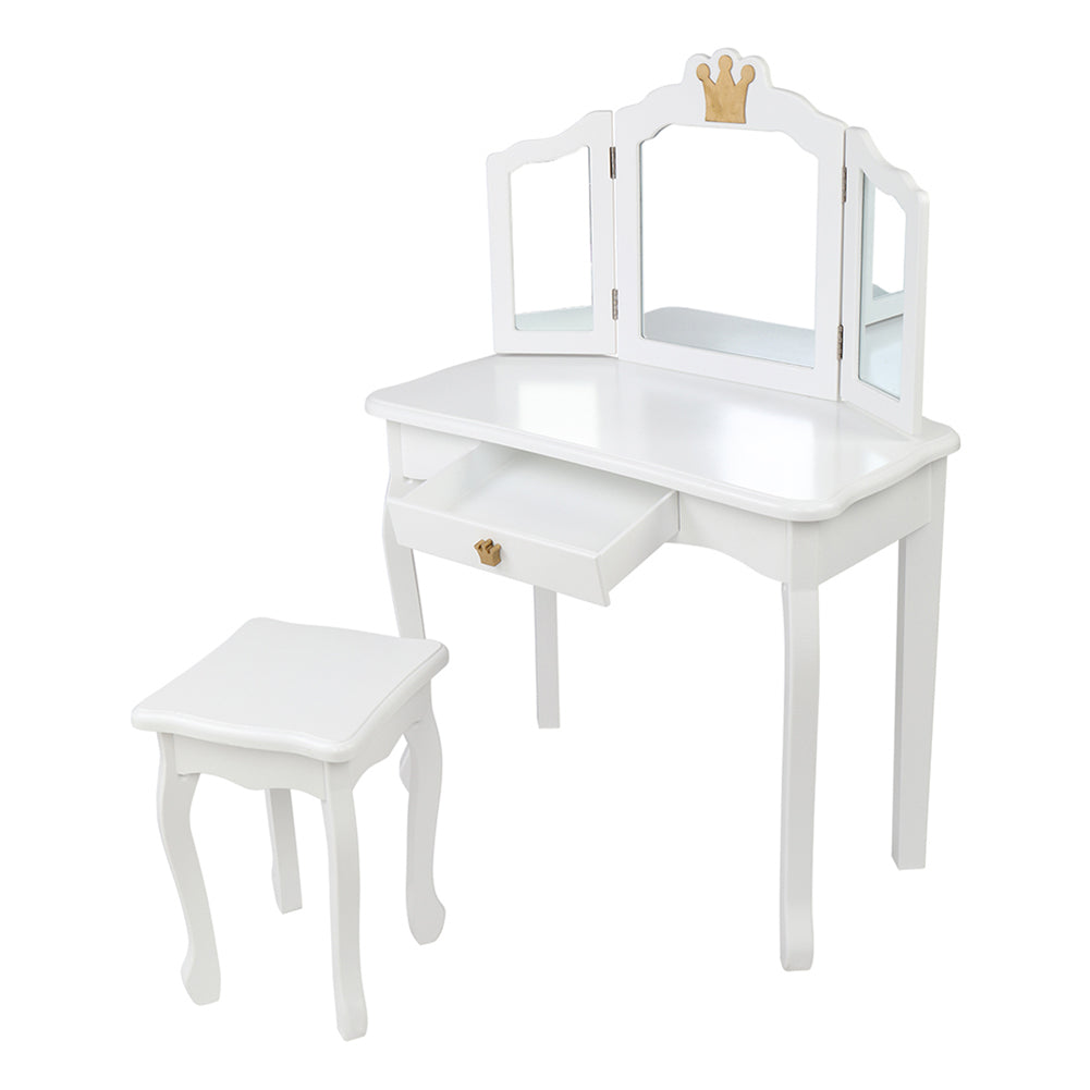 AMYOVE Children Dressing Table 3-sided Foldable Mirror Dressing Table + Chair White