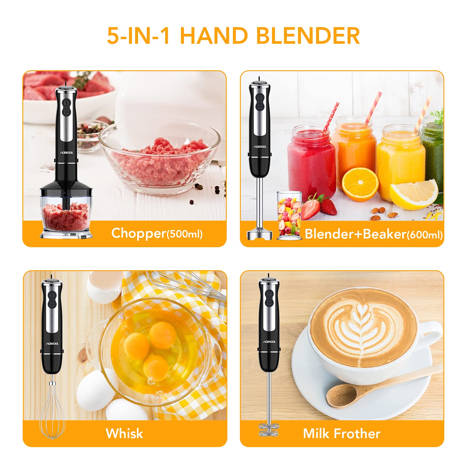 ACEKOOL Blender BH1 5-in-1 Stainless Steel Electric Hand Blender
