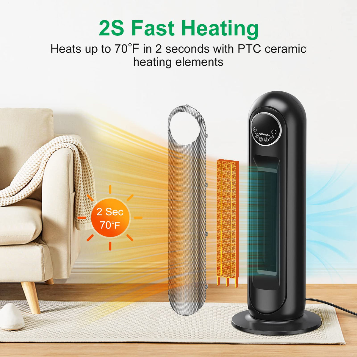 ACEKOOL Portable Space Heater HF1 1500W 2s Heat Up with Thermostat