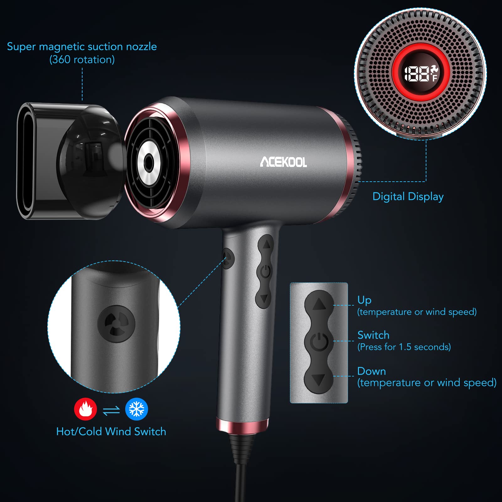 ACEKOOL Ionic Hair Dryer HB1 Blow Dryer with LED Display