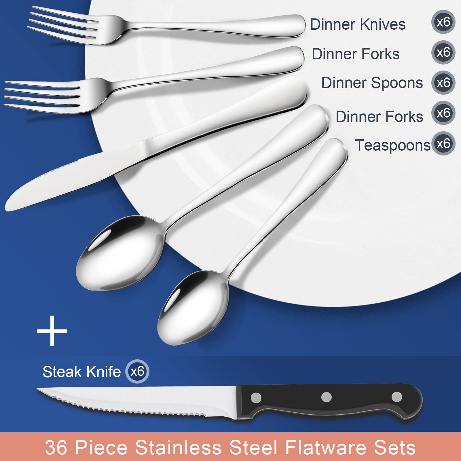 CIBEAT 24 Piece S592 Stainless Steel Silverware Set with Steak Knives