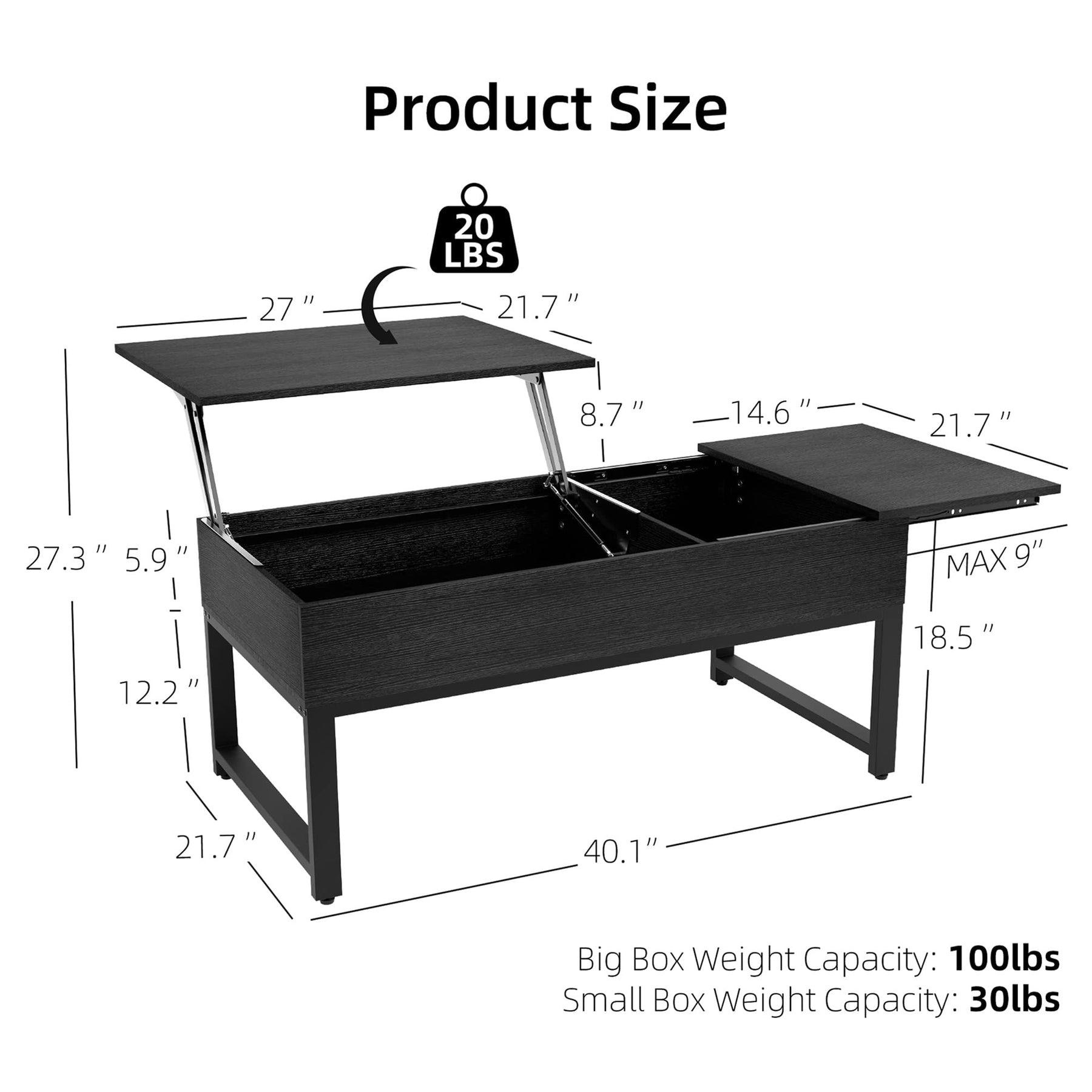 IDEALHOUSE Black Lift Top Coffee Table with Hidden Storage