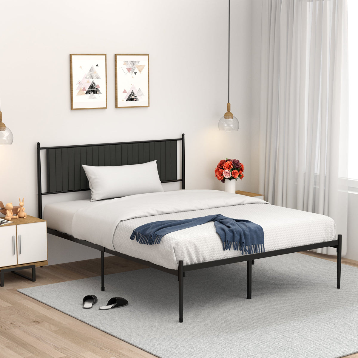IDEALHOUSE Queen Size Metal Platform Bed Frame with Upholstered Headboard