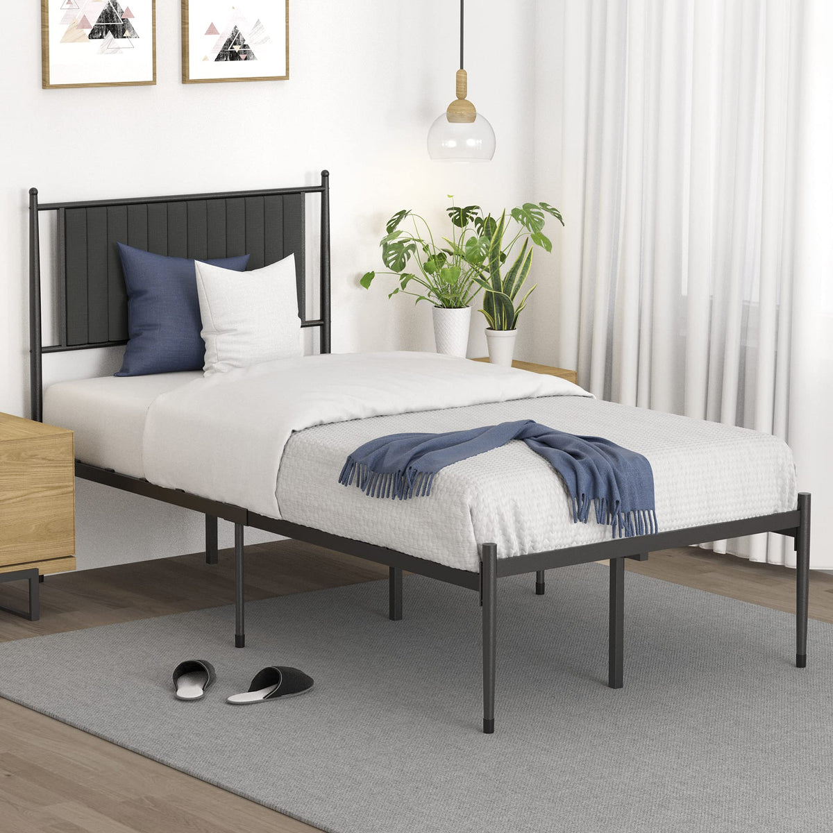 IDEALHOUSE Twin Size Metal Platform Bed Frame with Upholstered Headboard