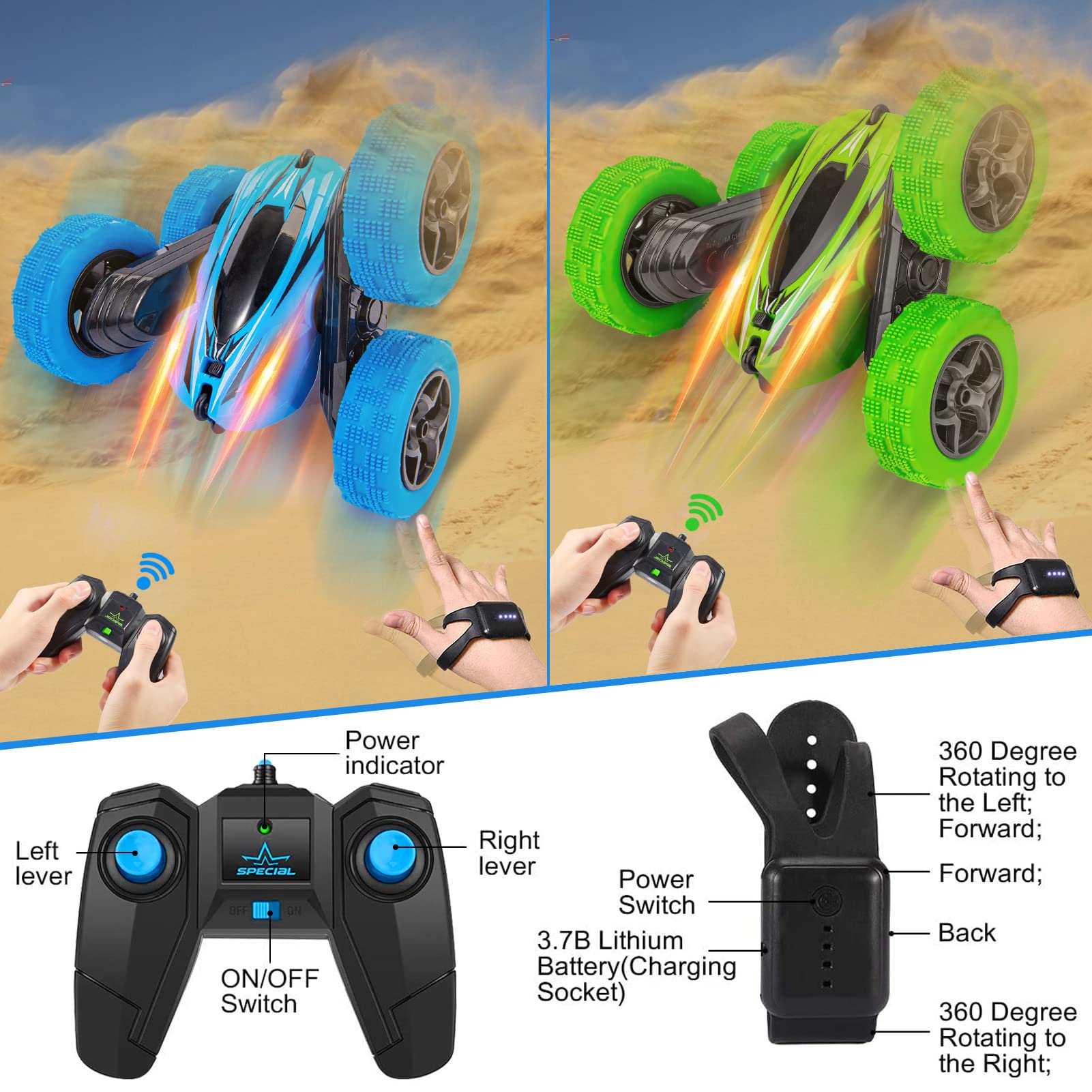 THINKMAX 2Pack RC Stunt Car Watch Gesture Sensor Car (Blue+Green)