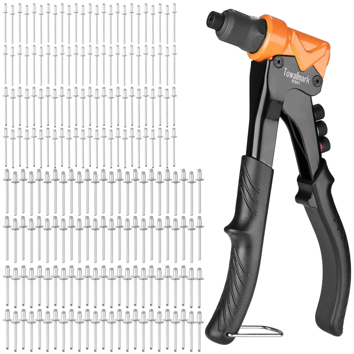 TOWALLMARK Pop Rivet Gun Tool with 200Pcs Rivets Kit for Metal Plastic