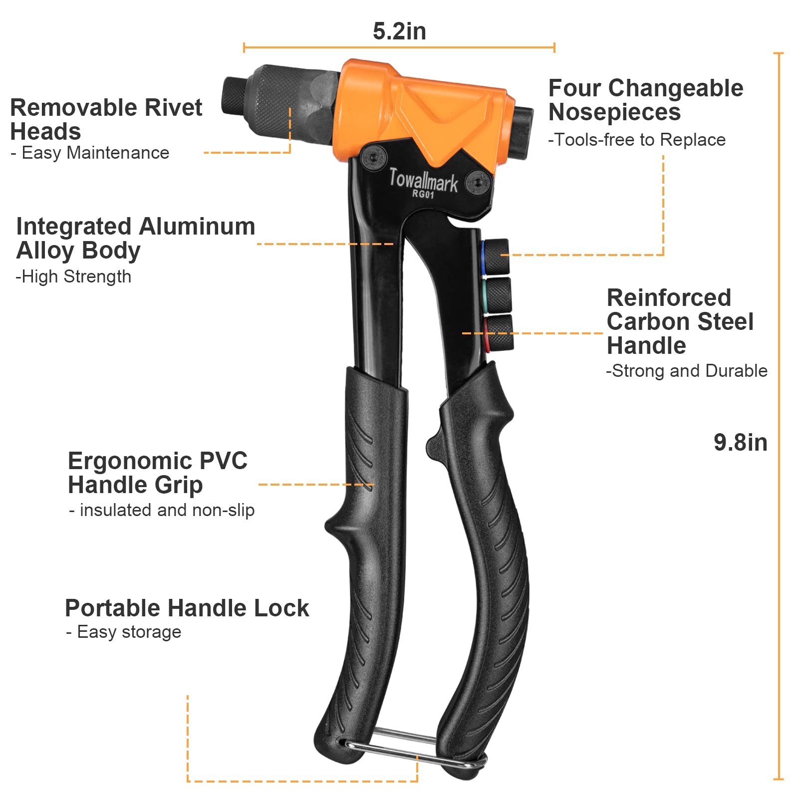 TOWALLMARK Pop Rivet Gun Tool with 200Pcs Rivets Kit for Metal Plastic