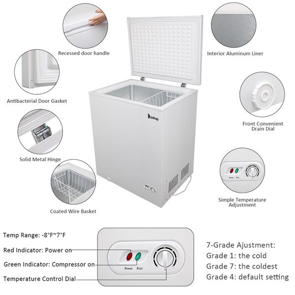 ZOKOP BD-150 143L Single Door Horizontal Freezer AC115V 60Hz Freezing Refrigerator White